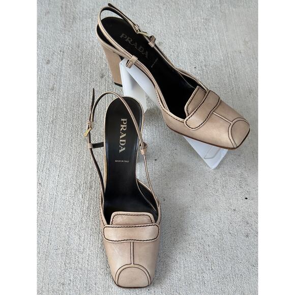 Vintage Prada Women’s EU37 US7 Calzature Donna Raso Tan Leather Slingback Pumps - Picture 2 of 8